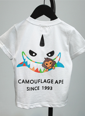 夏季新款男童纯棉潮牌鲨鱼短袖T恤 宝宝小猴刺绣白色半袖背心上衣