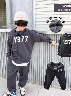 男童加绒卫衣裤子可套装2025冬款儿童灰色纯棉一体绒圆领衫运动裤