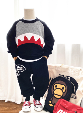儿童春秋可套装2025潮牌鲨鱼黑色纯棉卫衣裤男童加绒圆领衫运动裤
