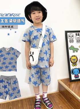 夏男童宝宝纯棉短袖T恤短裤套装 潮牌休闲满印星星灰色半袖五分裤