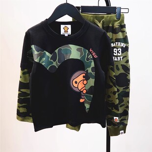 男童绿迷彩长袖T恤2026春秋新款潮牌童装M儿童纯棉圆领打底衫上衣