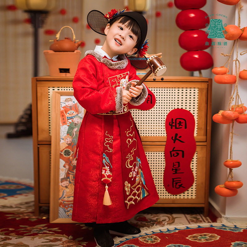 男童状元服冬加绒新款中国风年服唐装汉服圆领袍过年儿童拜年服装