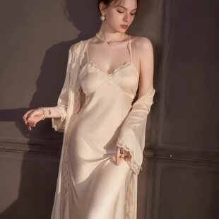 维多利亚春夏丝绸睡衣女带胸垫吊带睡裙睡袍两件套装性感真丝长款