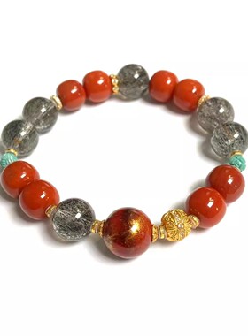 安伯曼12mm红色火焰大漆珠绿松南红老形黑金超七手串10mm