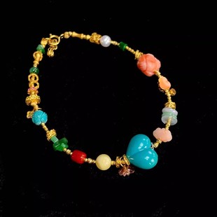 地狱蓝绿松胖爱心翡翠红色18K金莫桑钻碧玺葫芦淡水珍珠多宝手链