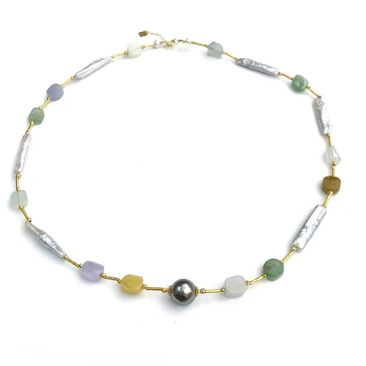 9mm大溪地黑珍珠18K金长条巴洛克珍珠翡翠多宝桶珠满天星项链45cm