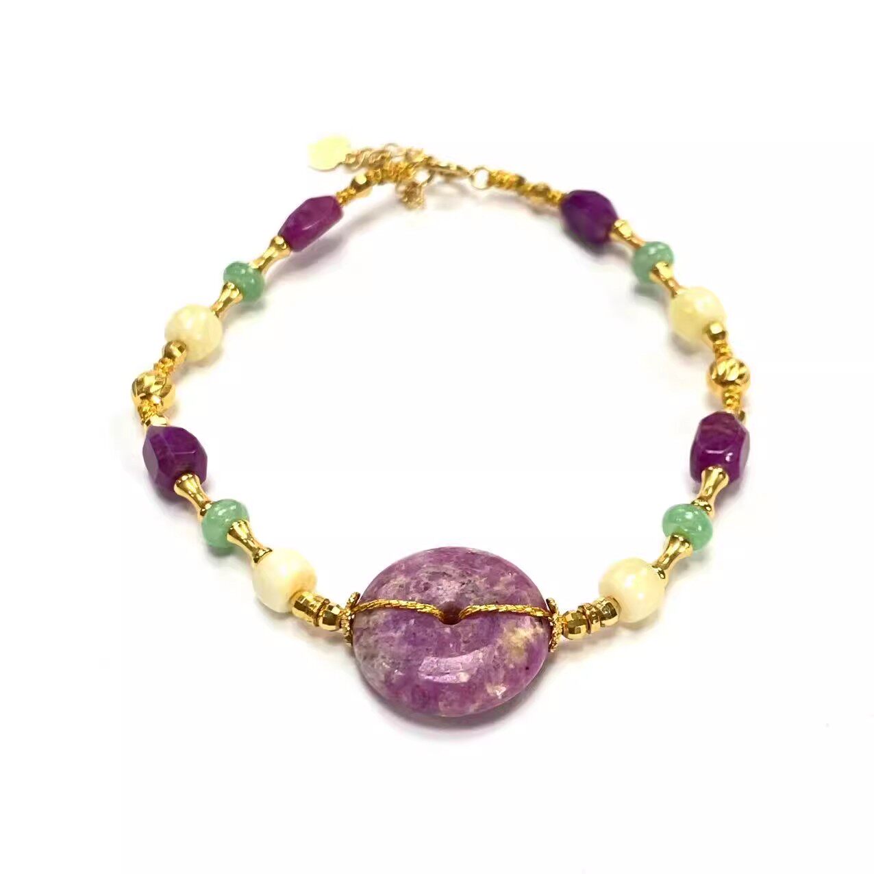 安伯曼蜜蜡蜡直切翡翠老矿舒俱来平安扣18K金豆豆竹节手链