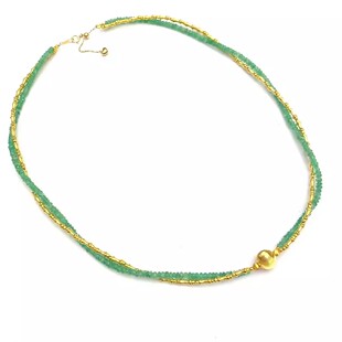 安伯曼8mm猫眼金球祖母绿素面18K金竹节双层扭扭链项链