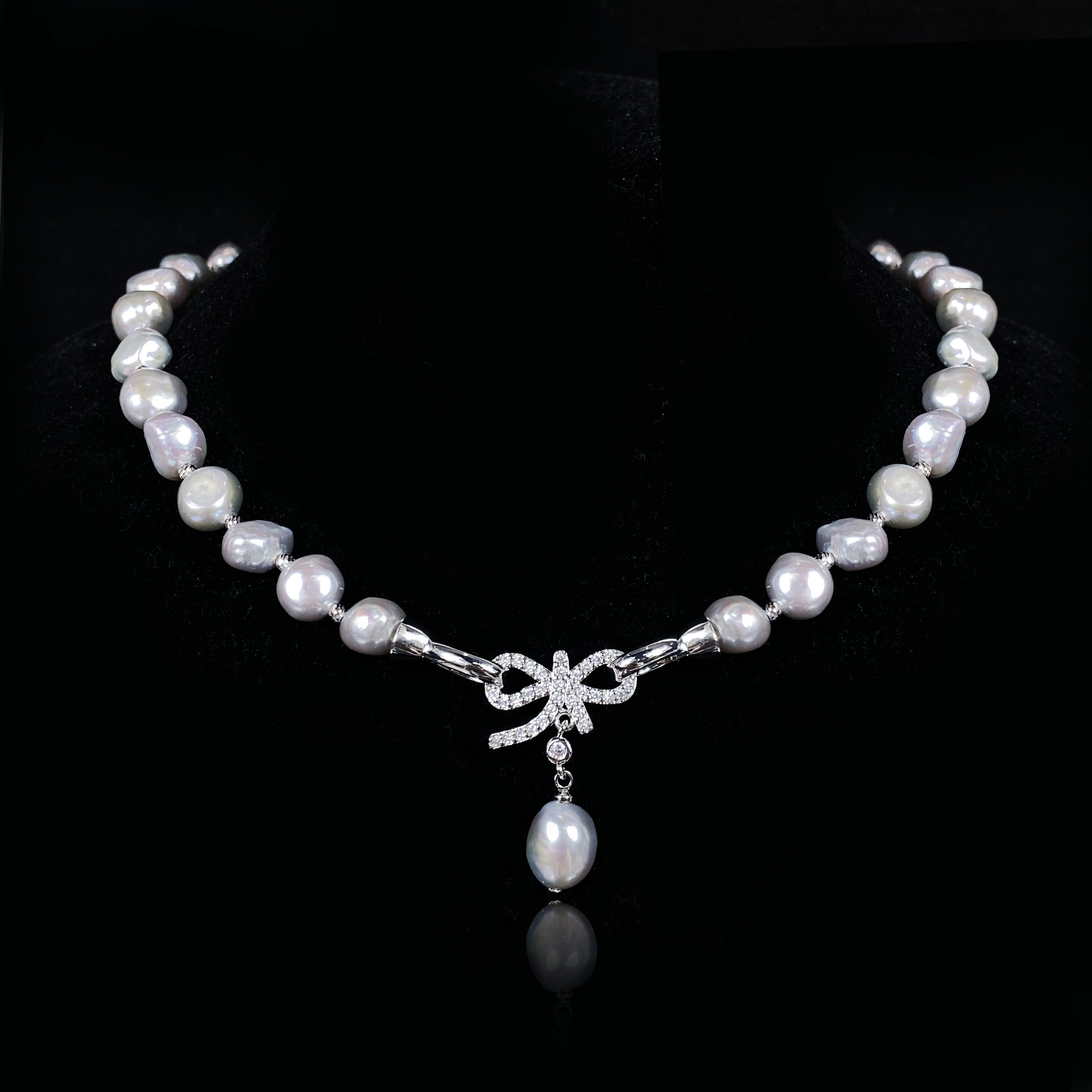 安伯曼淡水巴洛克珍珠灰色蝴蝶结奥地利水晶镂空项链