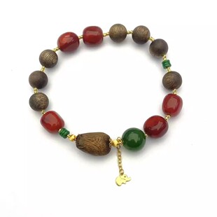 安伯曼碧玉翡翠药片南红糖豆子九九沉香18K金小象手串8mm左右