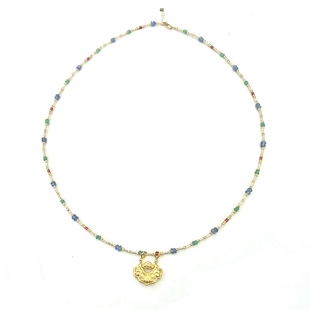 安伯曼18K金如意锁细长管祖母绿蓝宝石满天星项链47cm左右