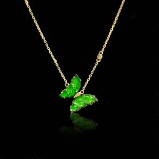 缅甸翡翠A货辣绿满绿蝴蝶18K金南非钻点项链破茧成蝶8 10mm左右