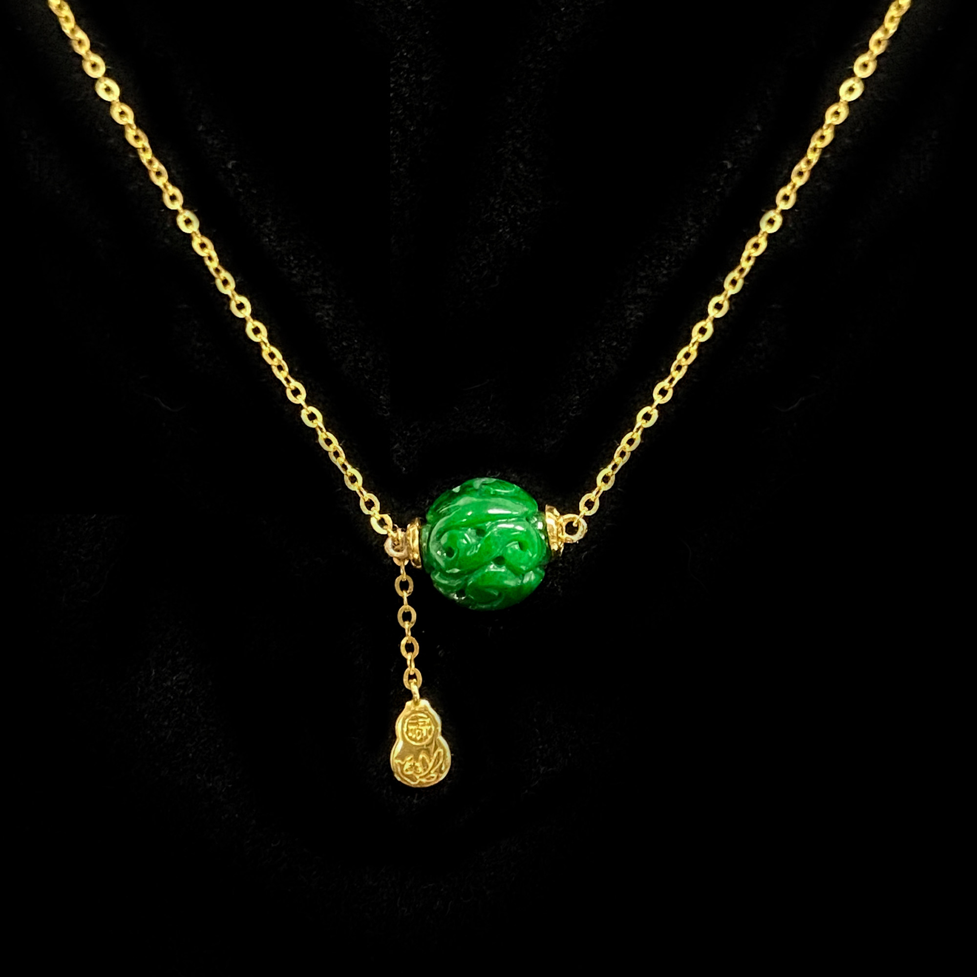 安伯曼翡翠辣绿满绿回纹珠18k金葫芦项链8-9mm