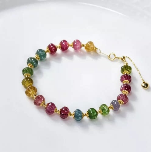 安伯曼色标级糖果色碧玺南瓜珠18K金花瓣满天星手链6-7mm