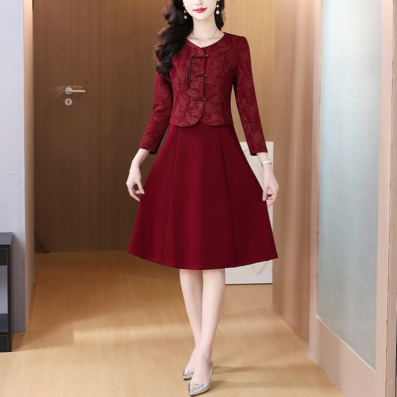 春秋新款喜婆婆婚宴礼服新中式复古长袖外套无袖连衣裙女两件套装