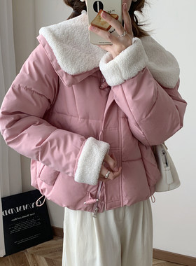 冬新款大翻领羊羔毛领短款棉服棉袄大码宽松小个子羽绒棉衣女外套