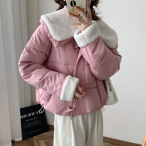 冬新款大翻领羊羔毛领短款棉服棉袄大码宽松小个子羽绒棉衣女外套