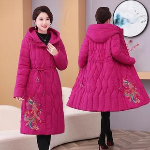 冬新中式收腰国风连帽棉袄大码加厚刺绣复古棉服中长款羽绒棉衣女
