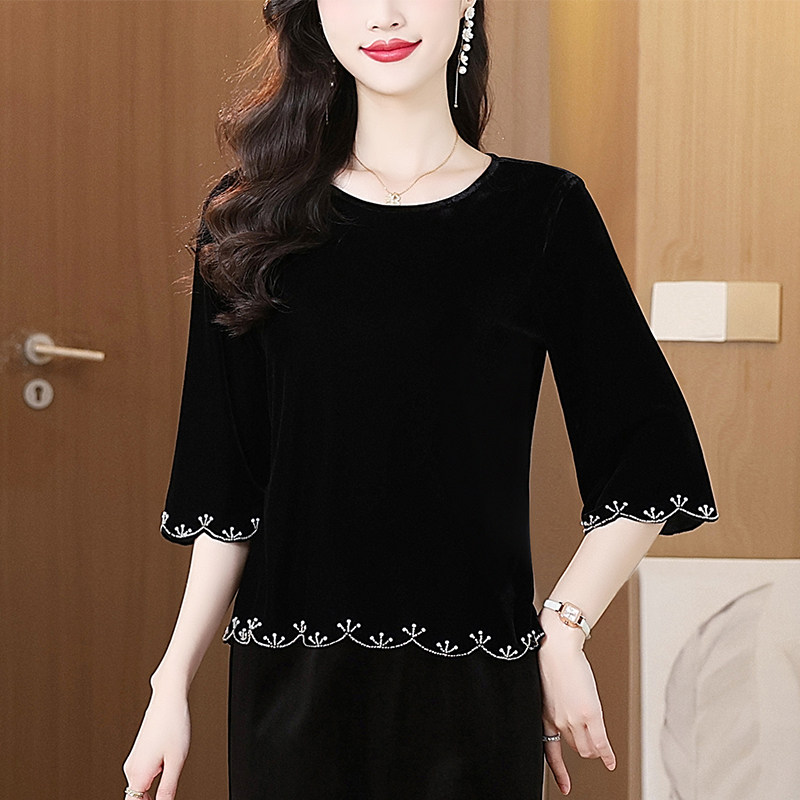 2026春秋新款圆领国风钉珠金丝绒T恤女七分袖减龄绒衫打底小衫