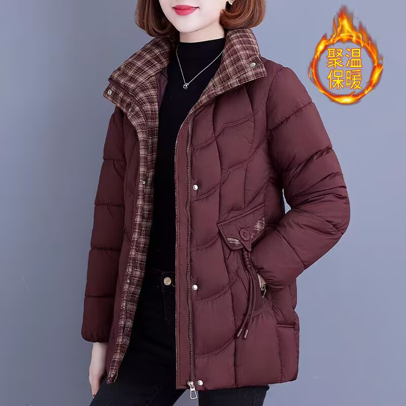 2025冬新款格子立领棉袄大码加厚宽松妈妈棉服外套修身羽绒棉衣女
