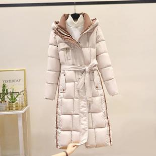 2024冬装修身收腰连帽棉袄大码系带宽松棉服中长款过膝羽绒棉衣女