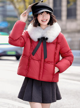 冬新款红色羽绒棉衣女短款小个子加厚面包服棉袄大毛领棉服厚外套