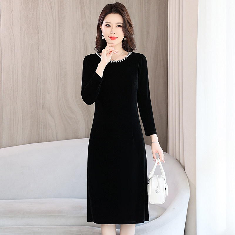 春秋新款名媛丝绒高档长袖手工串珠金丝绒连衣裙女修身遮肚子裙子