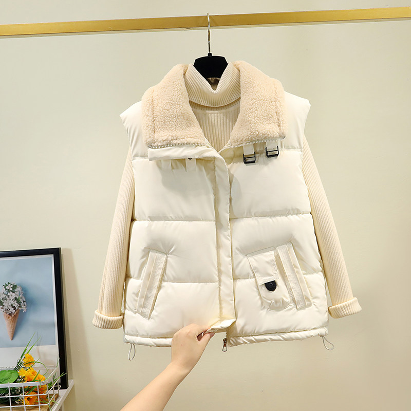 冬新款羊羔毛翻领羽绒棉马甲女短款坎肩宽松背心加厚免洗马夹外套