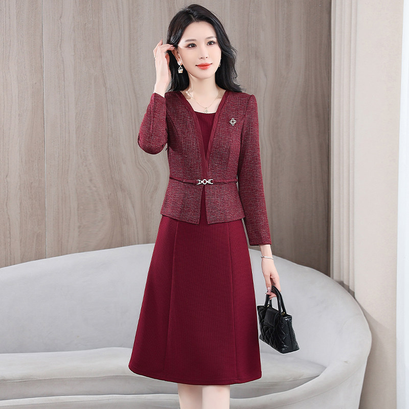 春秋新款假两件收腰减龄长袖连衣裙女中长款喜婆婆婚宴礼服a字裙