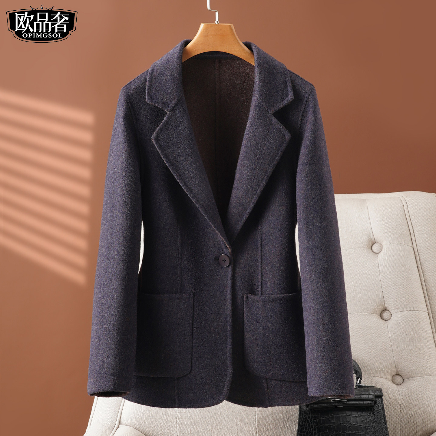 全羊毛呢西装外套女短款通勤百搭气质加大码2026春新款双面绒大衣