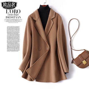 毛呢外套女中长款西装领驼色气质双面妮子秋冬新款羊绒大衣小个子