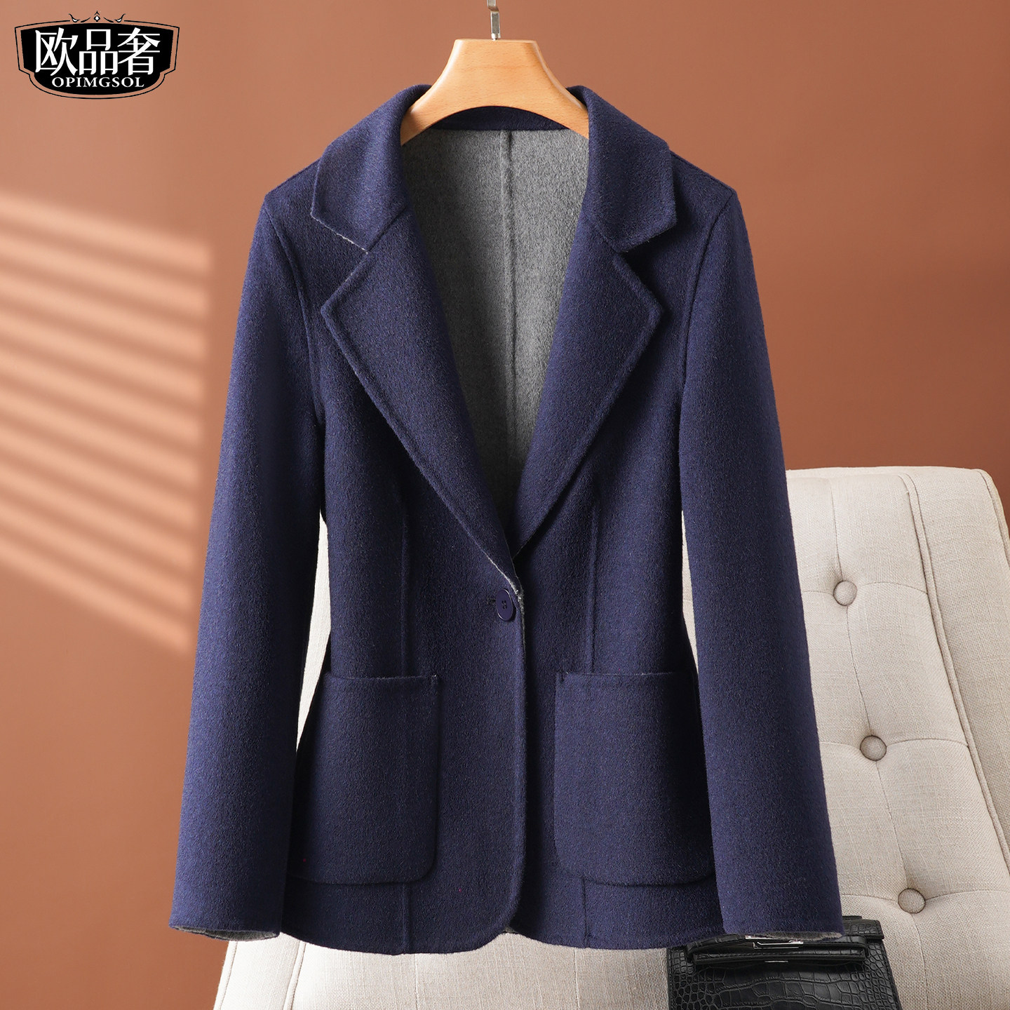 全羊毛呢西装外套女士短款西服领一粒扣中年2026春新款双面绒大衣
