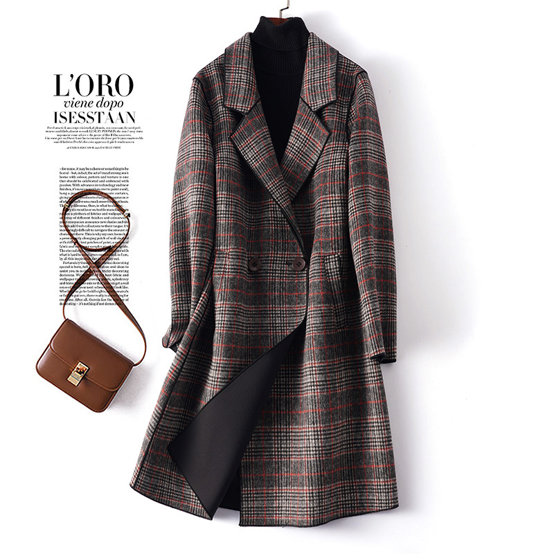 呢子大衣女士中长款西装领千鸟格高端气质秋冬新款单面羊毛呢外套