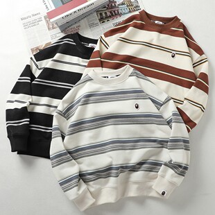mama studio 秋冬日系儿童条纹猿猴小标圆领卫衣潮流拼色宽松套头