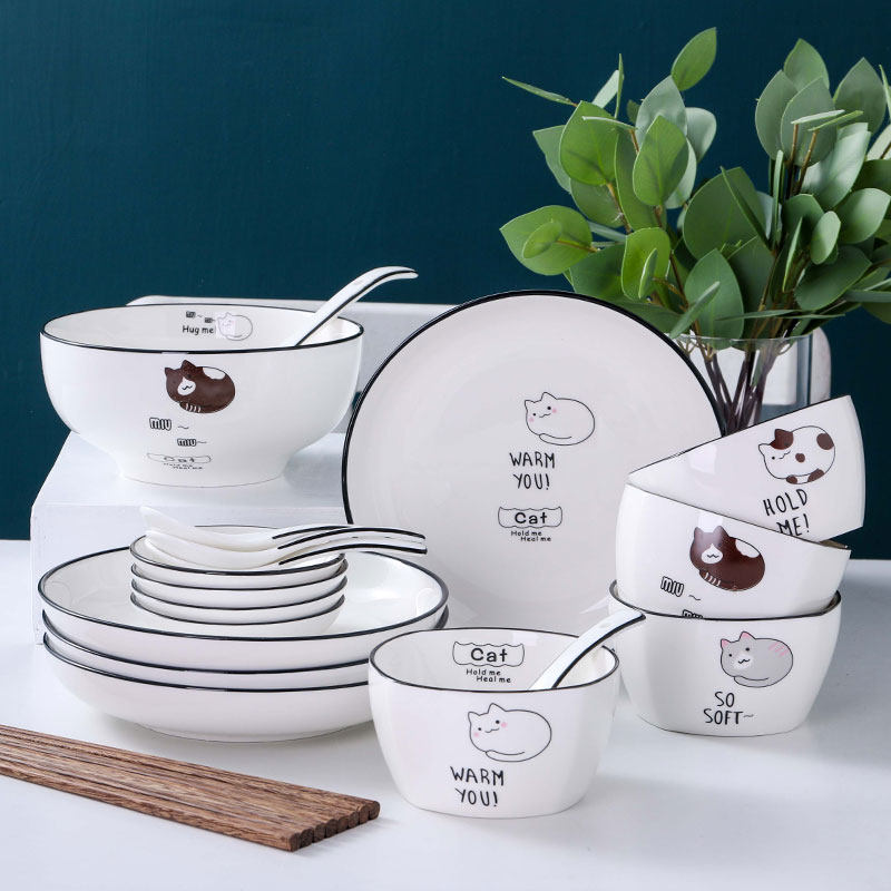 可爱陶瓷卡通猫咪碗套装 家用4人创意简约日式碗碟碗盘筷餐具组合|ruв категории посуда, посуда, чаша - от Buy2taobao.com для оказания профессиональной услуги покупки агента Taobao