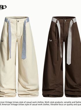 OREETA美式cleanfit弯刀工装裤男女款配格纹腰带高级设计感休闲裤