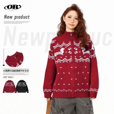 OREETA圣诞节氛围感小狗提花针织开衫男女同款费尔岛慵懒毛衣外套