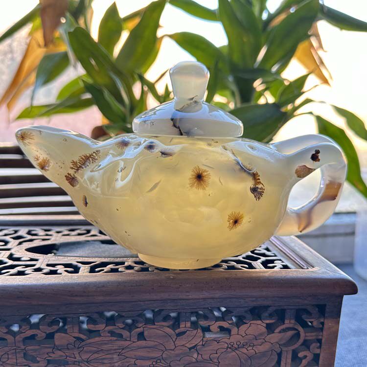 云臻阁天然海洋玉髓草花原石玛瑙意境大花风景随型茶壶摆件