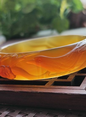 云臻阁天然高冰黄冰玉髓玛瑙雕刻喜上眉梢金雀一枝梅手镯56口径