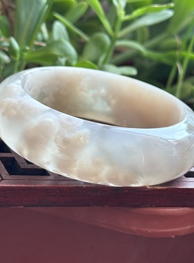 天然马料海洋玉髓樱花玛瑙手镯宽版厚实雪白白云云朵白雪景观镯60