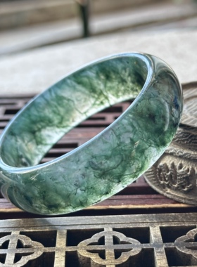 天然冰透水草玛瑙手镯高冰冰种青绿清晰满绿立体绿草手镯52口径