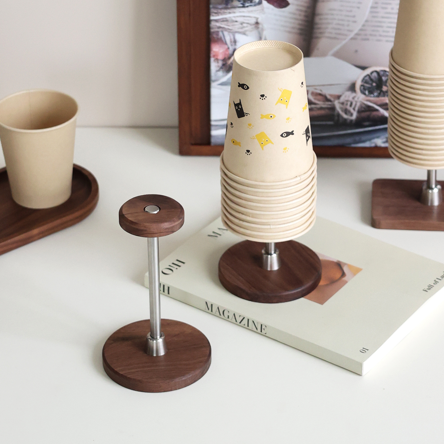 一次性杯子取杯器胡桃木纸杯架吧台饮水机咖啡机收纳纸杯架高级感