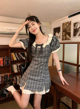 最小的海 甜美学院风短袖连衣裙2024夏季新款格纹拼接花边短裙女