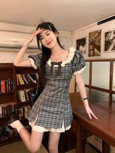 最小的海 甜美学院风短袖连衣裙2024夏季新款格纹拼接花边短裙女