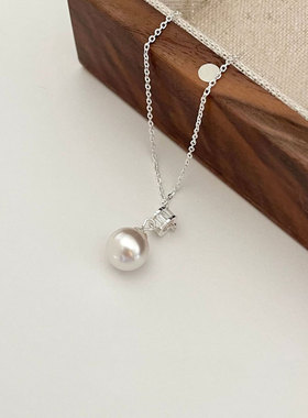 S925纯银珍珠吊坠女小众设计时尚方钻轻奢高级感项链法式复古
