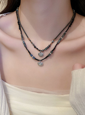 花开富贵圆珠平安锁项链小众设计感气质锁骨链新中式项坠项饰