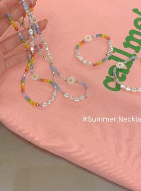 赵露思同款珍珠项链女夏季高级锁骨链花朵串珠轻奢ins风手链一套