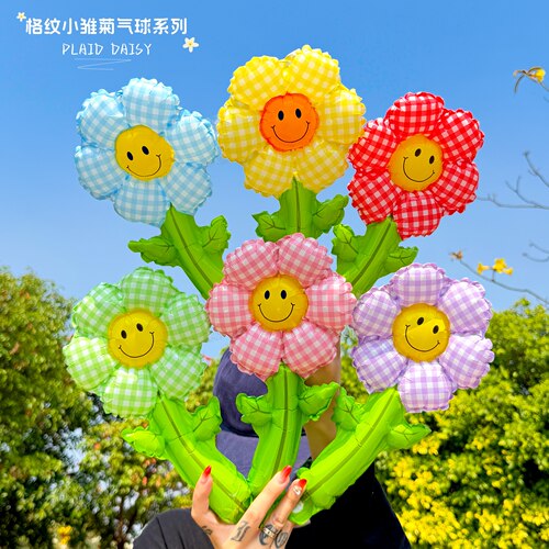 ins新款小红书格纹小雏菊彩色花朵气球户外野餐夏日氛围拍照道具