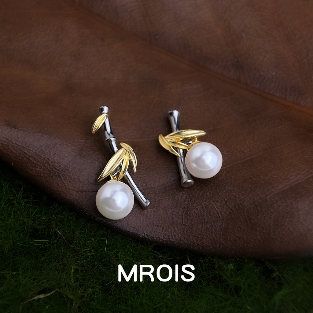 原创双色电镀18k真金国风竹叶珍珠耳环AB款复古气质轻奢风耳饰女