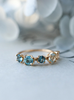 新款渐变色蓝白托帕石多宝石锆石戒指女日系同款镀金轻奢开口